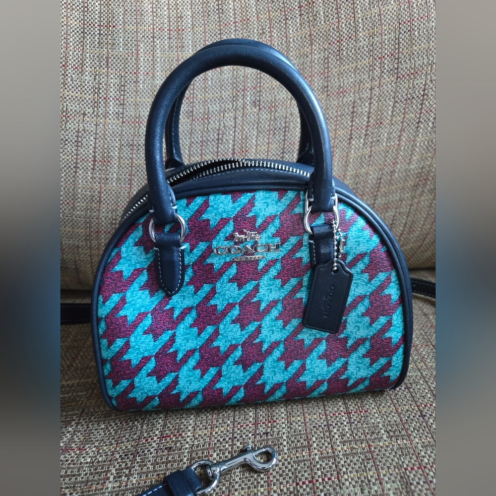 COACH SYDNEY SATCHEL HOUNDSTOOTH CJ628 CROSSBODY HANDBAG SV/TEAL/WINE